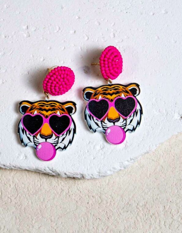 Acrylic Wooden Earrings, Funny Cute Statement Handmade Seed Beaded Stud Earrings, Heart Bubble Blowing Tiger Animal Drop Dangle Earrings For Women, Girls, Summer/Beach Party, Gift