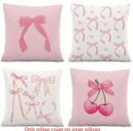 Pink Pillow Covers With Bow And Cherry Blossom Pattern