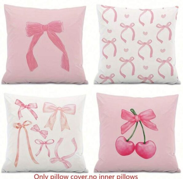 Pink Pillow Covers With Bow And Cherry Blossom Pattern