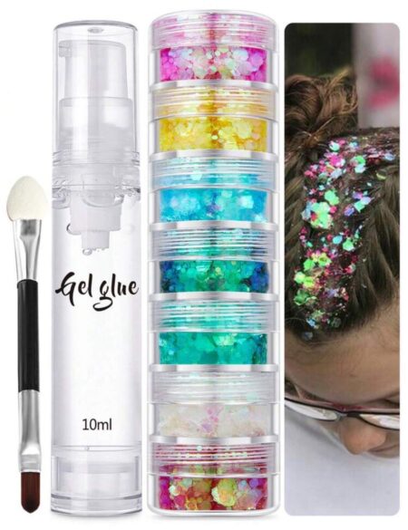 s3pcs Set (7 Colors Glitter + 1 Bottle Of Gel + 1 Brush) Red Pink Yellow Blue Green Multi Color Gel Glitter Glitter Glitter Makeup Body Glitter Makeup Hair Face Eyes Lips Nail Diy Crafts Glitter Suitable For Hol2311099963922333