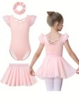 Ruffle Sleeves Dance Leotard with Detachable Shiny Skirt and Matching Hairband