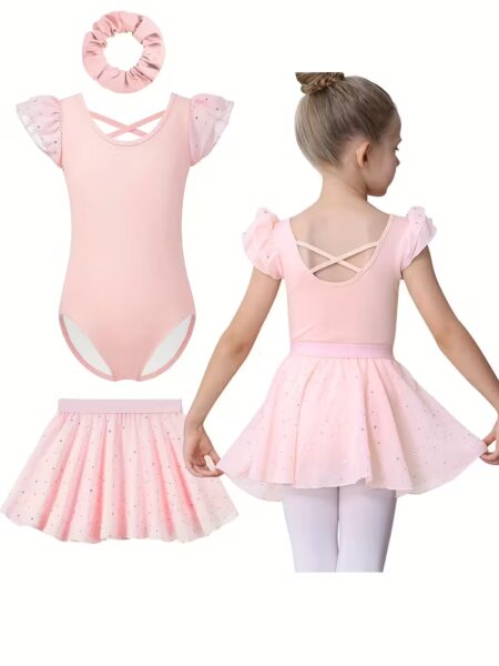 Ruffle Sleeves Dance Leotard with Detachable Shiny Skirt and Matching Hairband