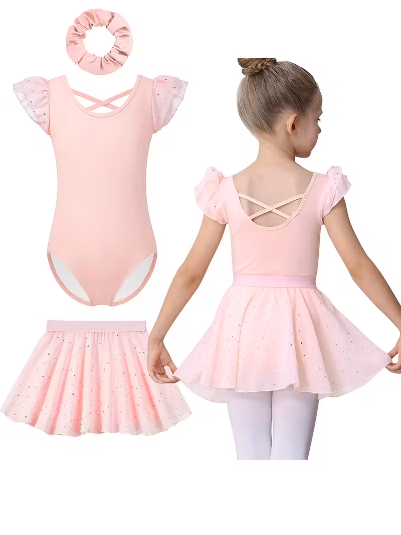 Ruffle Sleeves Dance Leotard with Detachable Shiny Skirt and Matching Hairband Ruffle Sleeves Dance Leotard with Detachable Shiny Skirt and Matching Hairband