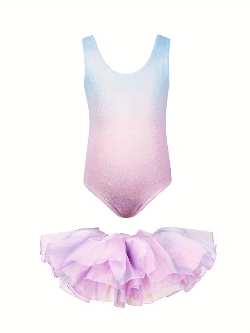 2pcs Dance Set - Sleeveless Hollow-Out Leotard & Tiered Tutu Skirt
