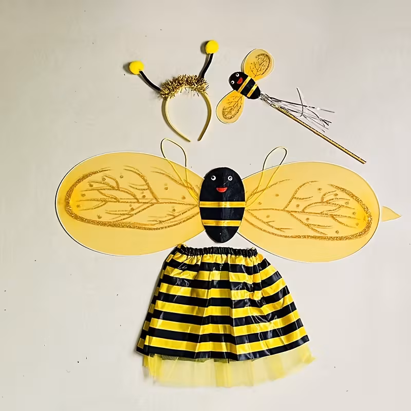 4pcs Halloween Performance Set, Cute Cartoon Bee Wings Yellow Stage Outfi 4pcs Halloween Performance Set, Cute Cartoon Bee Wings Yellow Stage Outfi