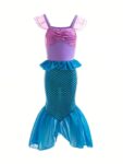Purple And Pink Tops Along with a Blue-Green Fishtail Skirt. The Straps And Cuffs Are Made of Chiffon, Giving It a Whimsical Charm. However, It Is Not Appropriate for Swimming, Mermaid Tail For Girl, Mermaid For Girl, Halloween For Girl, Mermaid Dress For Girl, Scale Skirt, Fishnet Skirt Girl, Girl Fairy Mermaid Dress, Princess
