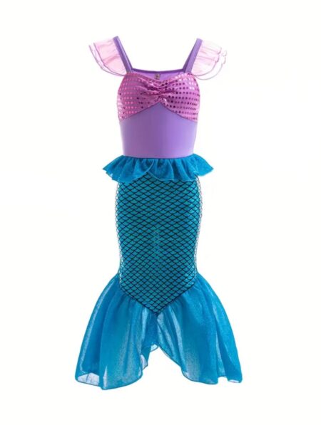 Purple And Pink Tops Along with a Blue-Green Fishtail Skirt. The Straps And Cuffs Are Made of Chiffon, Giving It a Whimsical Charm. However, It Is Not Appropriate for Swimming, Mermaid Tail For Girl, Mermaid For Girl, Halloween For Girl, Mermaid Dress For Girl, Scale Skirt, Fishnet Skirt Girl, Girl Fairy Mermaid Dress, Princess